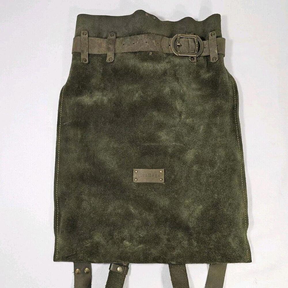 Suede Drawstring Backpack with Buckle Strap - Olive Green